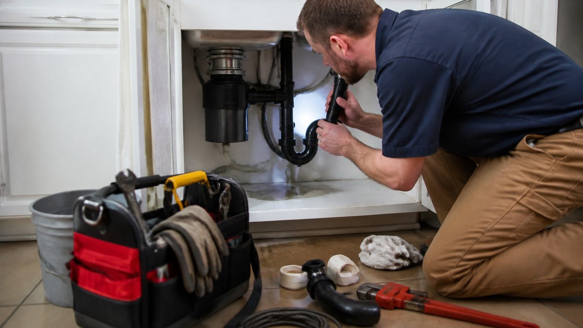 Homeowner inspecting under a kitchen sink with a flashlight, examining the P-trap and drainpipe for visible debris and water pooling