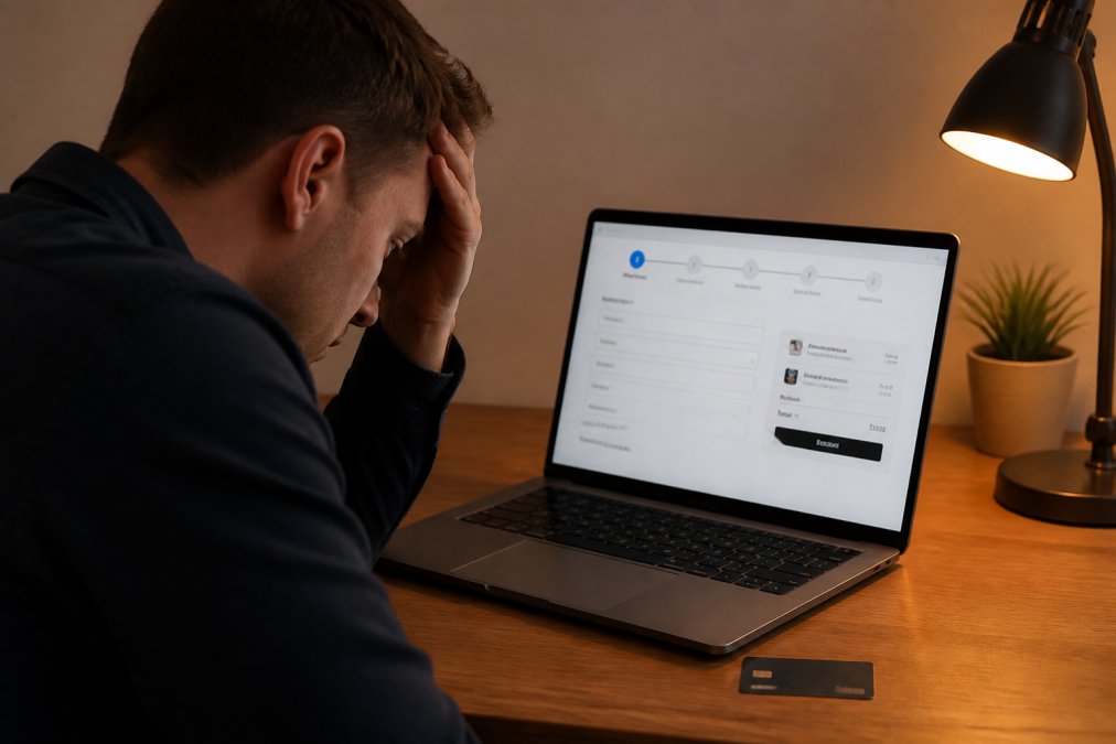 A frustrated person staring at a laptop screen showing an online shopping checkout page, with a credit card placed beside the keyboard on a wooden desk under warm desk lamp lighting