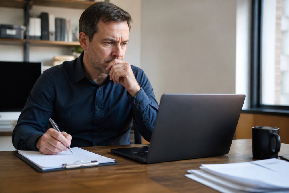 A business owner sitting at a desk with a laptop open to an AI chatbot interface, taking notes on a clipboard, looking concerned but focused in a small office setting