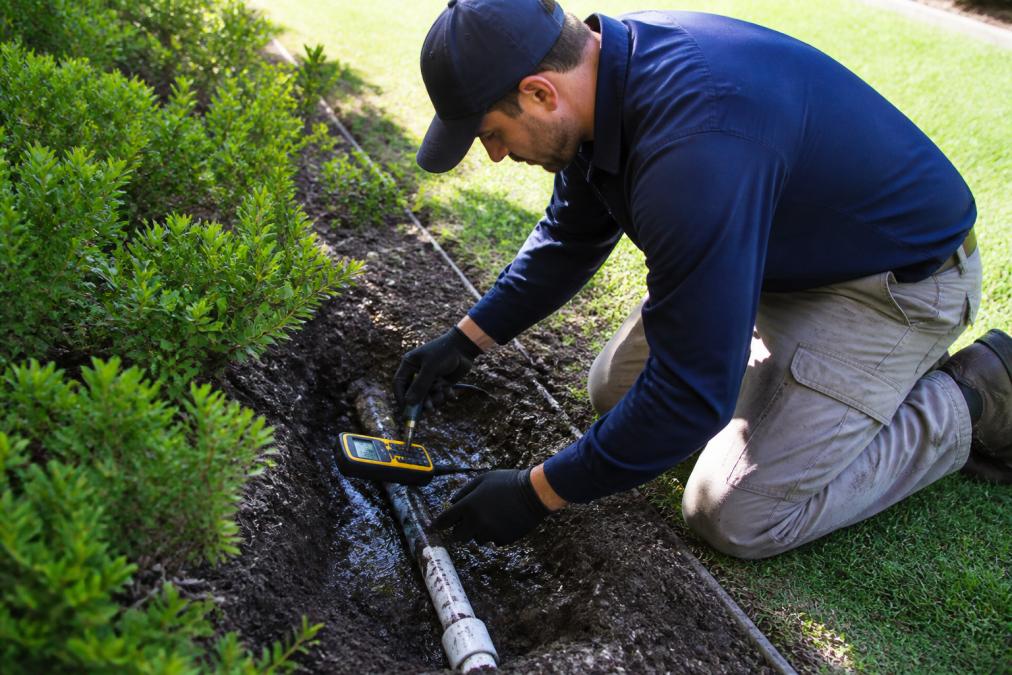 Professional technician using moisture detection equipment on wet soil near irrigation pipeline, checking for water seepage with digital meter in afternoon sunlight