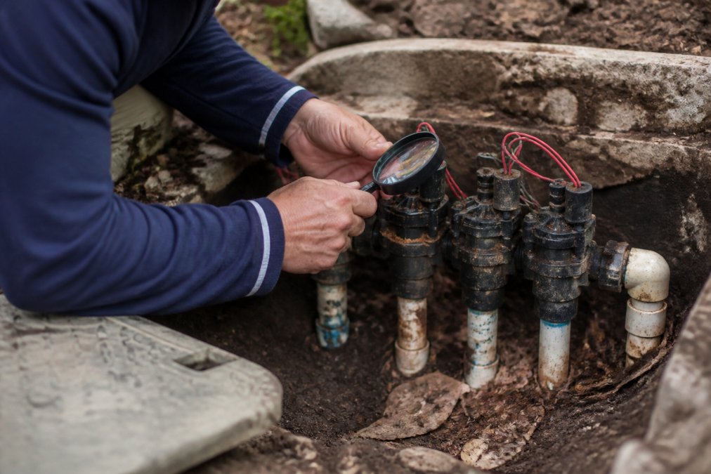 Technician's hands inspecting solenoid valve connections and pipe fittings at irrigation control point, checking for water damage and corrosion with magnifying inspection tool