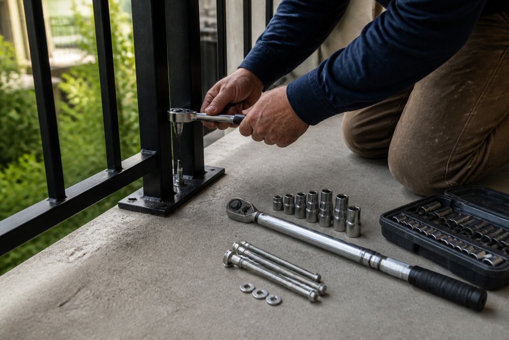 Professional technician's hands using a socket wrench to tighten lag bolts on a metal railing post, with a torque wrench, socket set, and stainless steel fasteners arranged on a work surface nearby