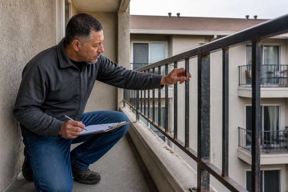 Property manager conducting a hands-on safety inspection of a metal balcony railing, checking fasteners and corrosion on the exterior of a residential apartment building