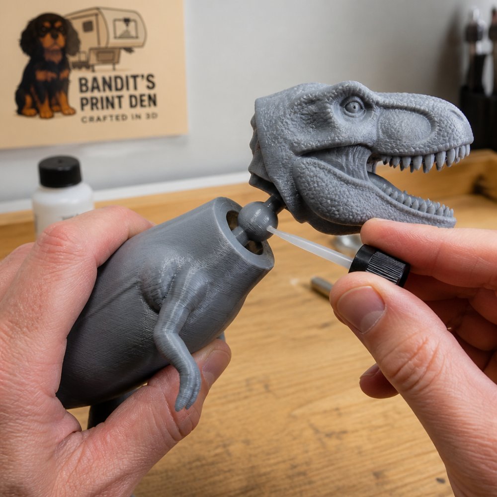Close-up of hands carefully applying adhesive coating to a 3D printed ball joint connection on an articulated dinosaur figure, with natural lighting showing the detail of the joint socket
