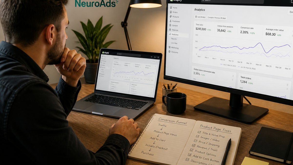 Ecommerce manager analyzing Shopify dashboards to fix low conversion rate using a funnel strategy roadmap