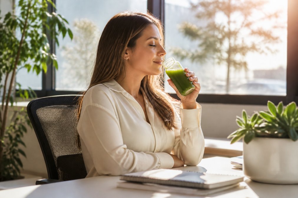 Professional taking a mindful break at their desk with a fresh-pressed juice in natural office lighting, calm and focused expression, morning sunlight from window