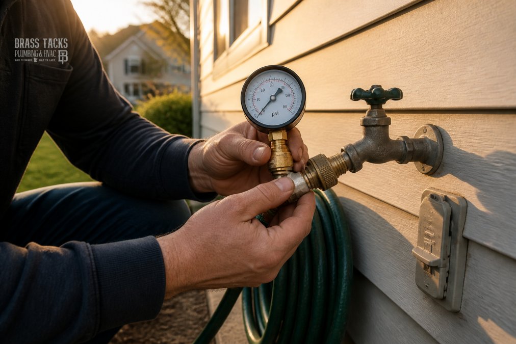 Homeowner attaching a brass water pressure gauge to an outdoor spigot to test for low water pressure issues.