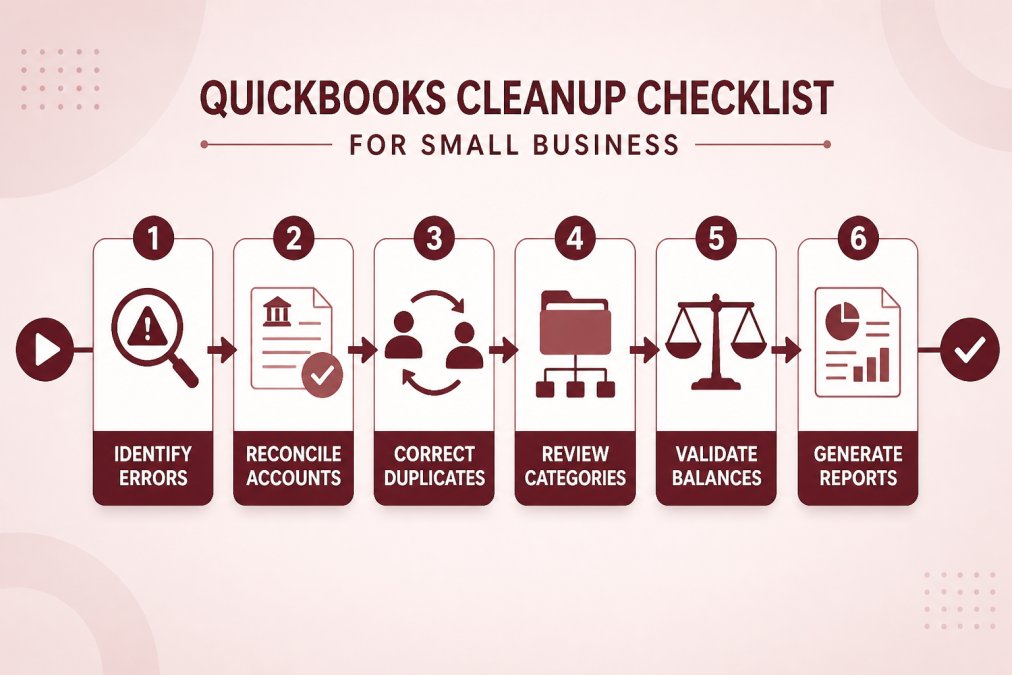 Flowchart showing QuickBooks cleanup process: identify errors → reconcile accounts → correct duplicates → review categories → validate balances → generate reports