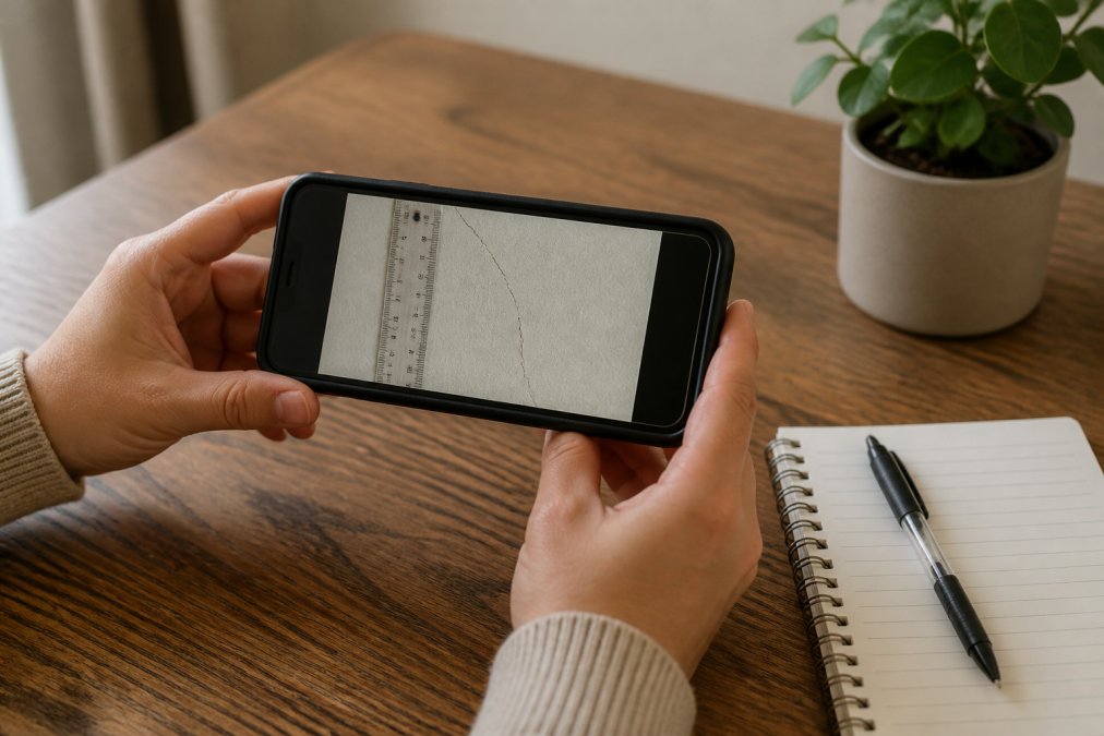 Smartphone displaying a close-up photograph of a wall crack with a ruler placed next to it for scale reference, showing proper documentation technique on a wooden table