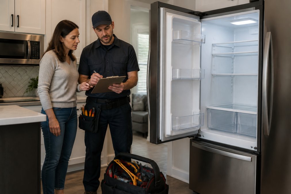 Technician and homeowner reviewing repair options to fix or replace a kitchen refrigerator together