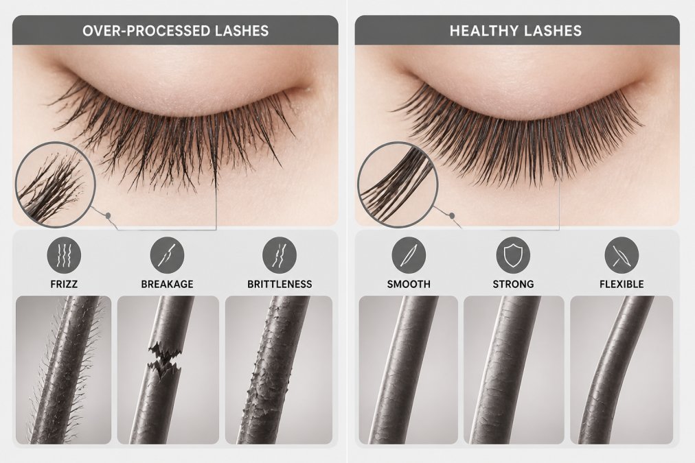 Close-up of damaged lashes showing frizz, breakage, and brittleness compared to healthy lashes side by side, natural lighting to reveal texture and hair cuticle damage clearly