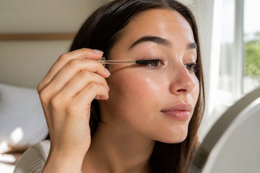 Person applying nourishing serum or oil to lashes with a spoolie brush, showing the careful application technique on one eye in natural window lighting