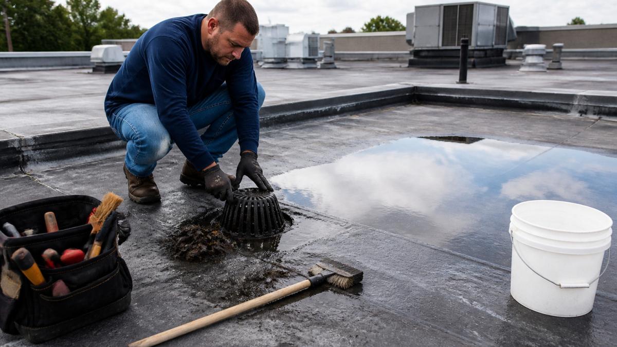 Property manager inspecting a clogged drain near ponding water flat roof