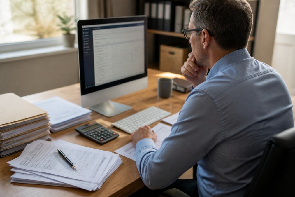 Small business owner sitting at desk reviewing QuickBooks on a computer screen, with accounting documents and a calculator nearby on a wooden desk in natural office lighting