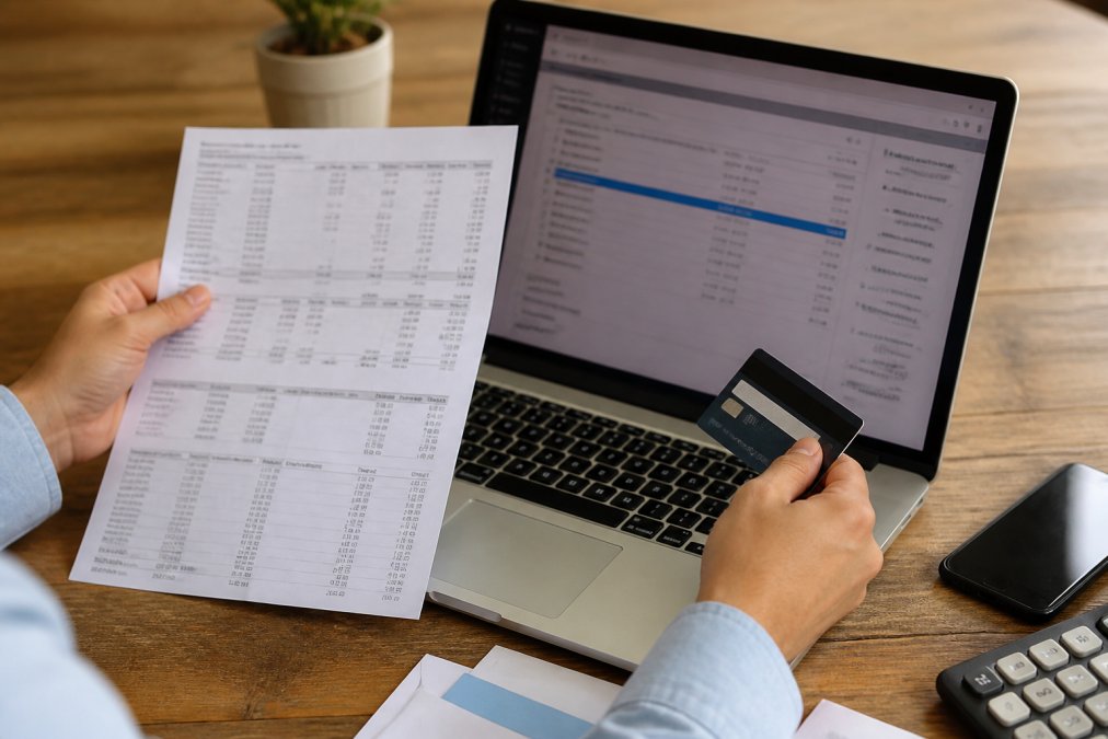 Close-up of hands holding a bank statement and credit card next to a laptop displaying QuickBooks dashboard with reconciliation window open