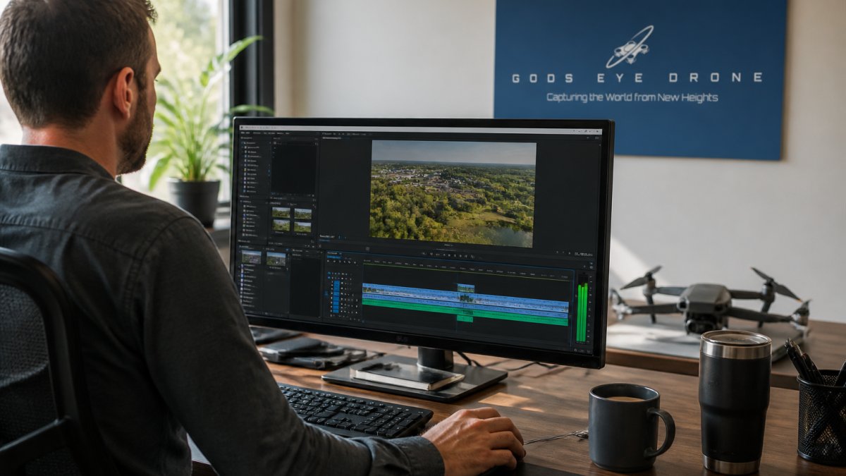 Workflow diagram showing how to fix shaky drone video using the stabilization tools in the Premiere Pro timeline