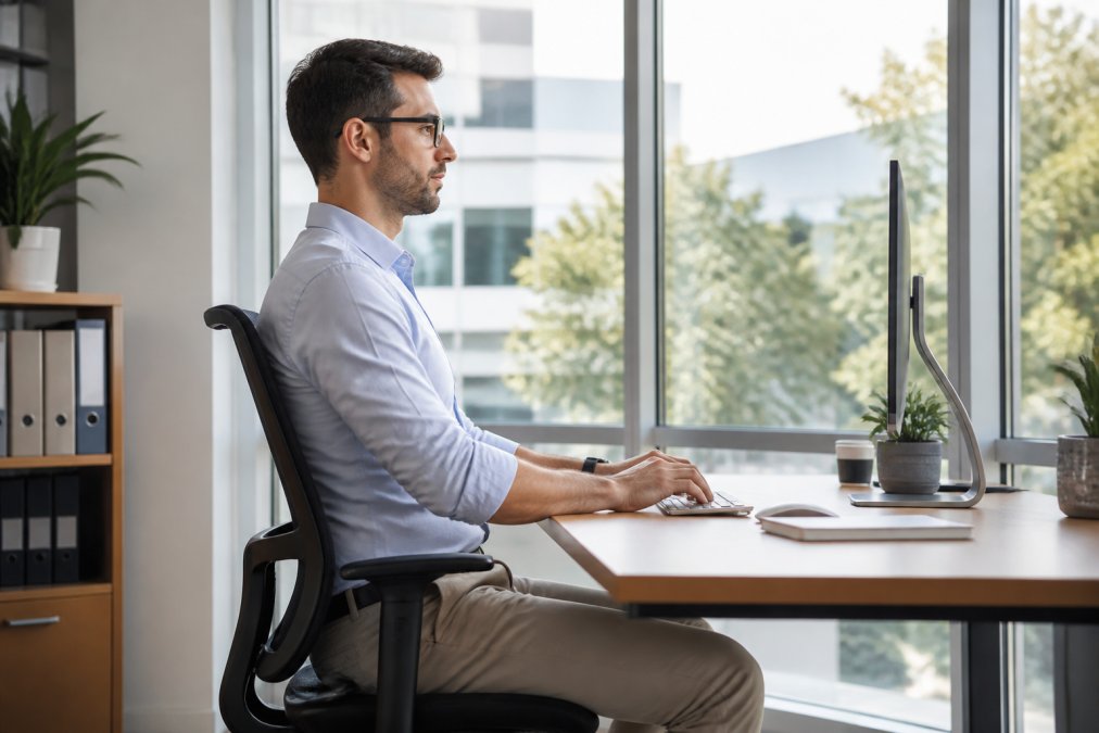 Office worker sitting at desk with proper ergonomic posture, showing aligned spine, shoulders relaxed back, monitor at eye level, and elbows at 90 degrees with natural lighting from nearby window