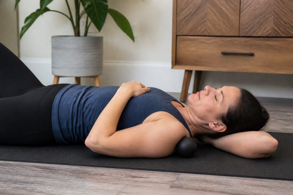 Person lying on back performing self-myofascial release on shoulder using a massage ball, showing proper positioning with ball placed on tight muscle, relaxed posture, and focused technique in home setting