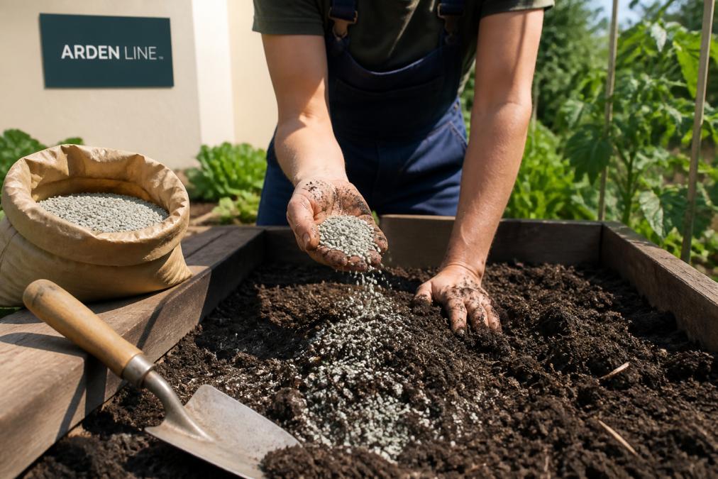 A gardener's hands mixing granular zeolite mineral into dark clay soil in a raised garden bed, with a bag of zeolite and a trowel nearby on a sunny day