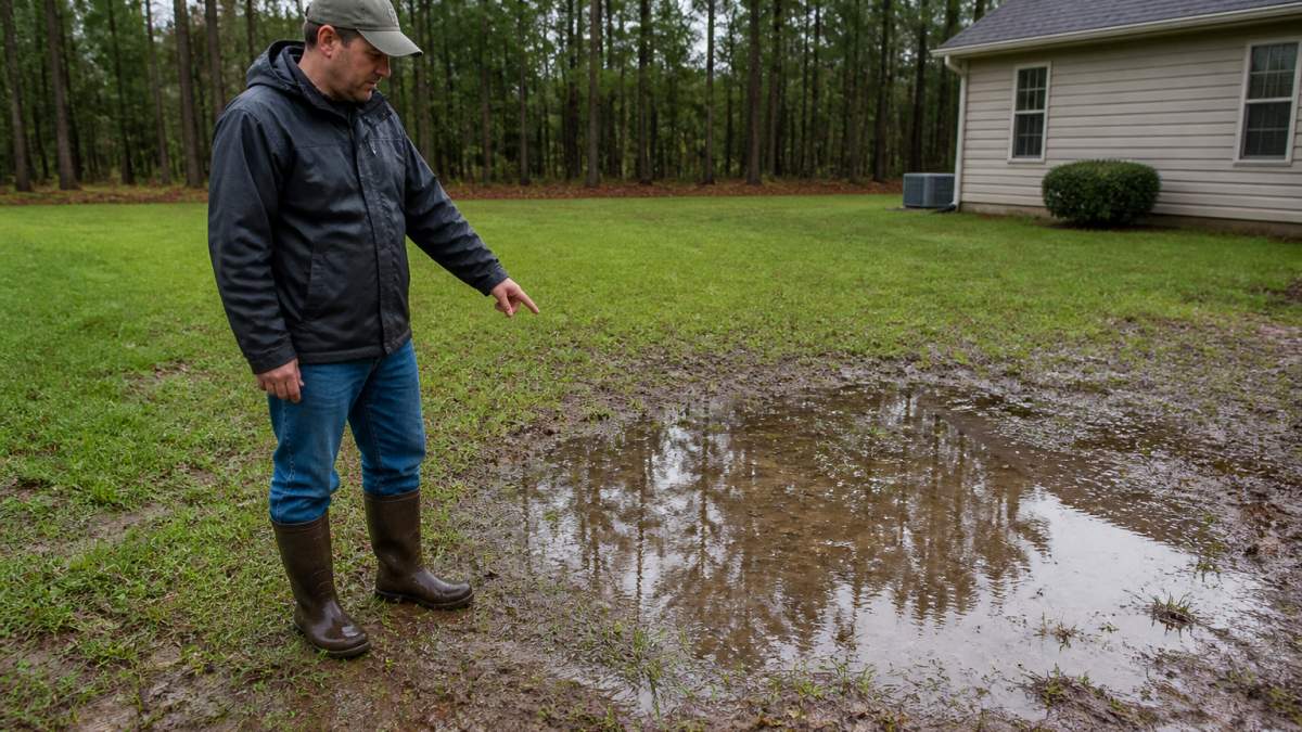 Homeowner standing in waterlogged yard after rain, pointing to visible pooling water in low spot with wet grass and muddy ground