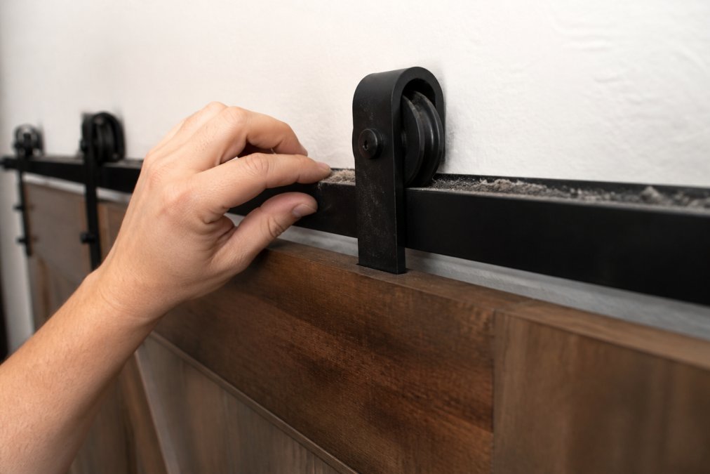 Close-up of a hand inspecting a barn door track, checking for visible debris and dust buildup along the metal rail with natural lighting