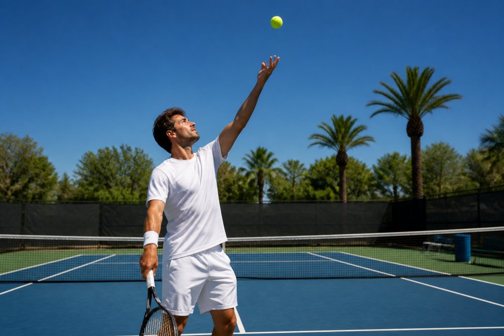 Tennis player in continental grip stance with arm extended upward, releasing the ball at the correct toss height during serve setup in bright outdoor court lighting