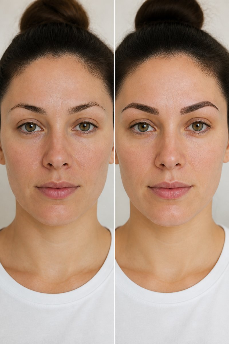 Split-screen comparison showing (left) natural facial asymmetry in bare brows with bone structure differences, and (right) the same person's microblading results showing how artist work either amplifies or balances natural asymmetry
