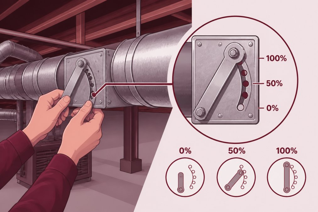 Homeowner's hands adjusting a metal damper lever inside an HVAC supply duct, showing the lever position and surrounding ductwork in a basement or crawlspace setting