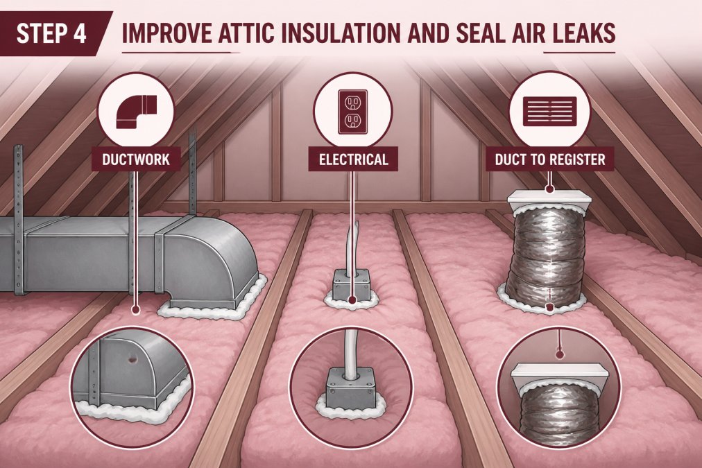 Interior view of an attic space showing fiberglass insulation batts between floor joists, with sealed gaps around HVAC ductwork, electrical penetrations, and the connection between duct and register