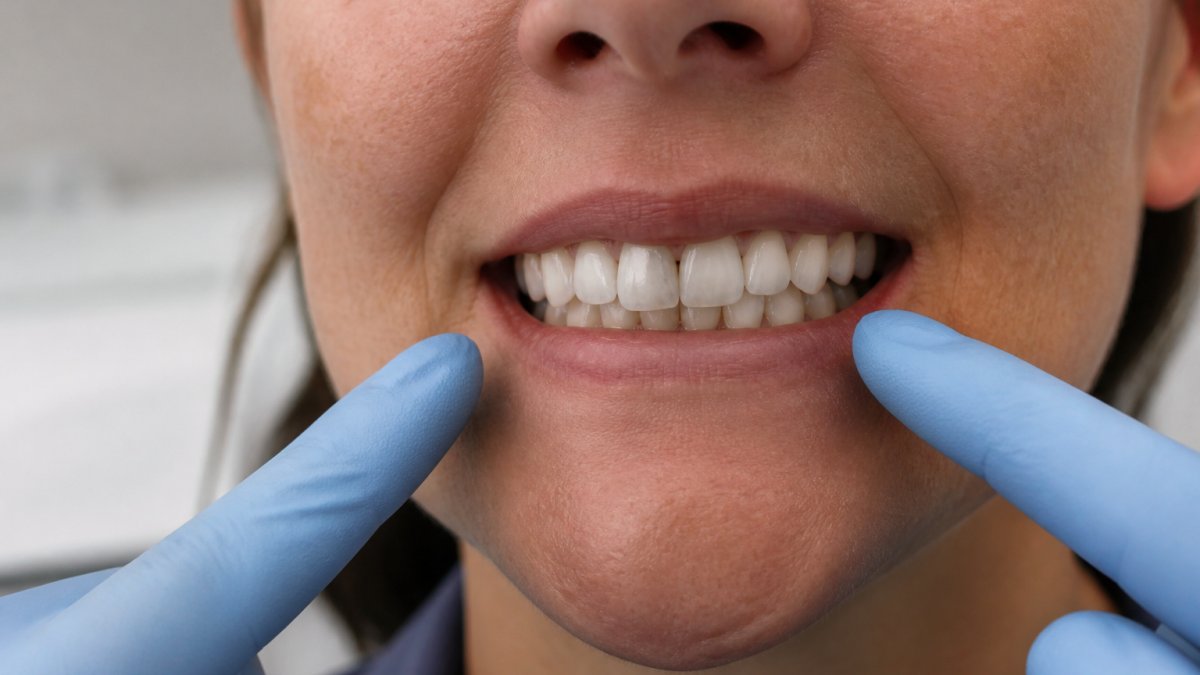 Diagram highlighting misaligned veneer edges and tooth contours to fix uneven veneers during a dental assessment.