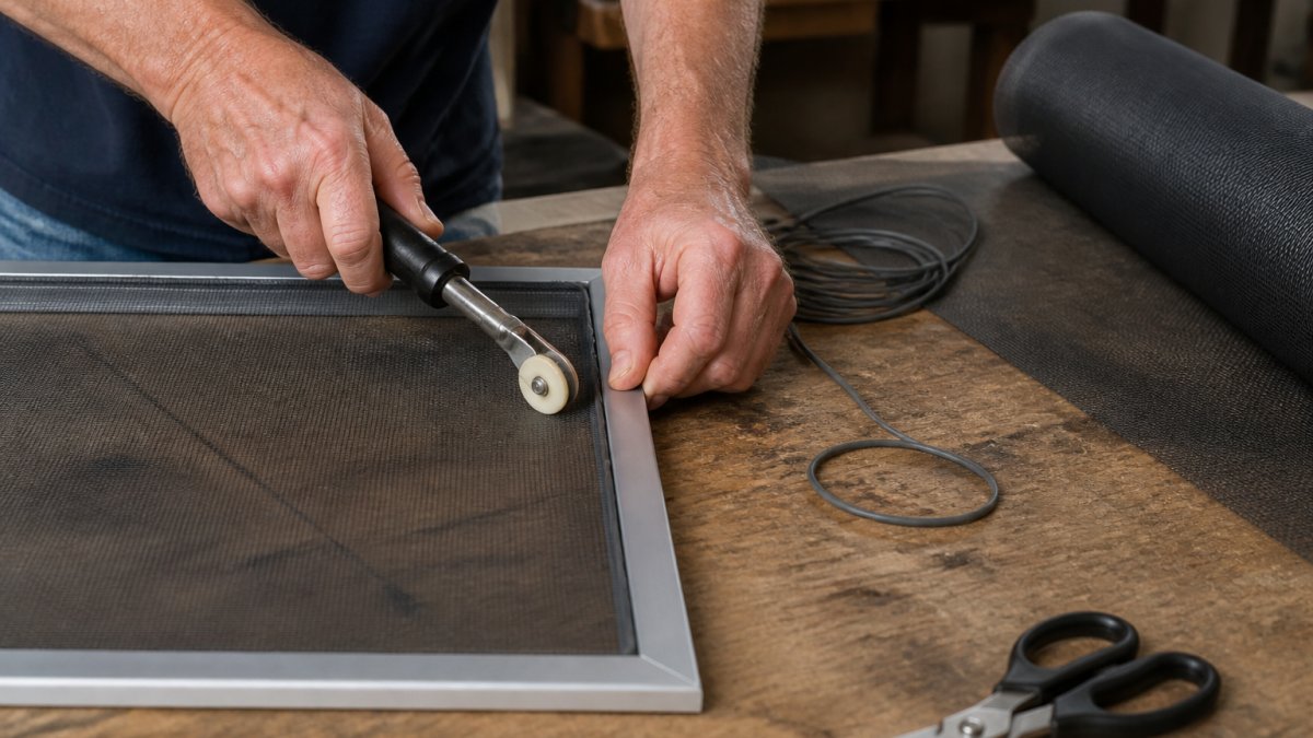Close-up of a homeowner's hands using a screen rolling tool to press new spline and mesh into an aluminum window screen frame on a workbench, with scissors and a roll of mesh nearby