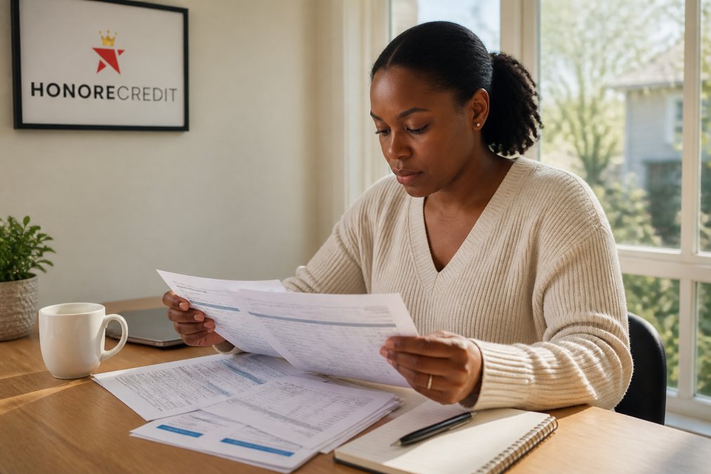 Person reviewing credit report documents on a laptop at home with a notebook and pen nearby, natural afternoon light coming through window