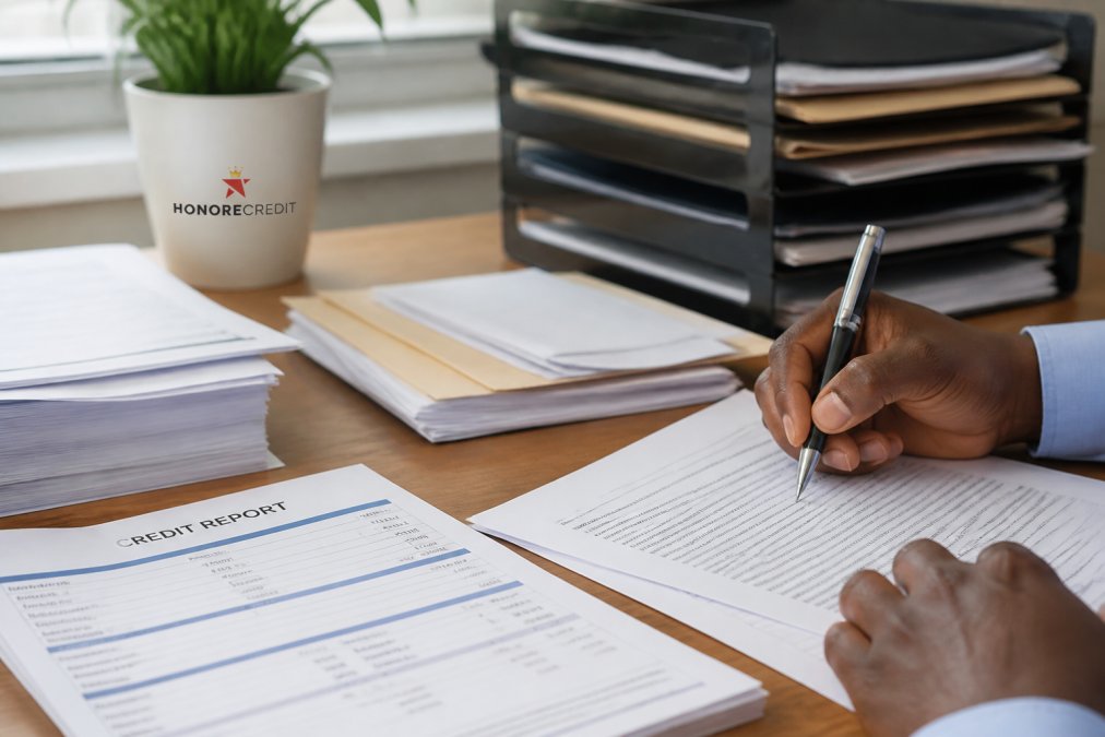 Hand holding pen over dispute letter with credit report pages and supporting documents spread on desk, organized filing visible