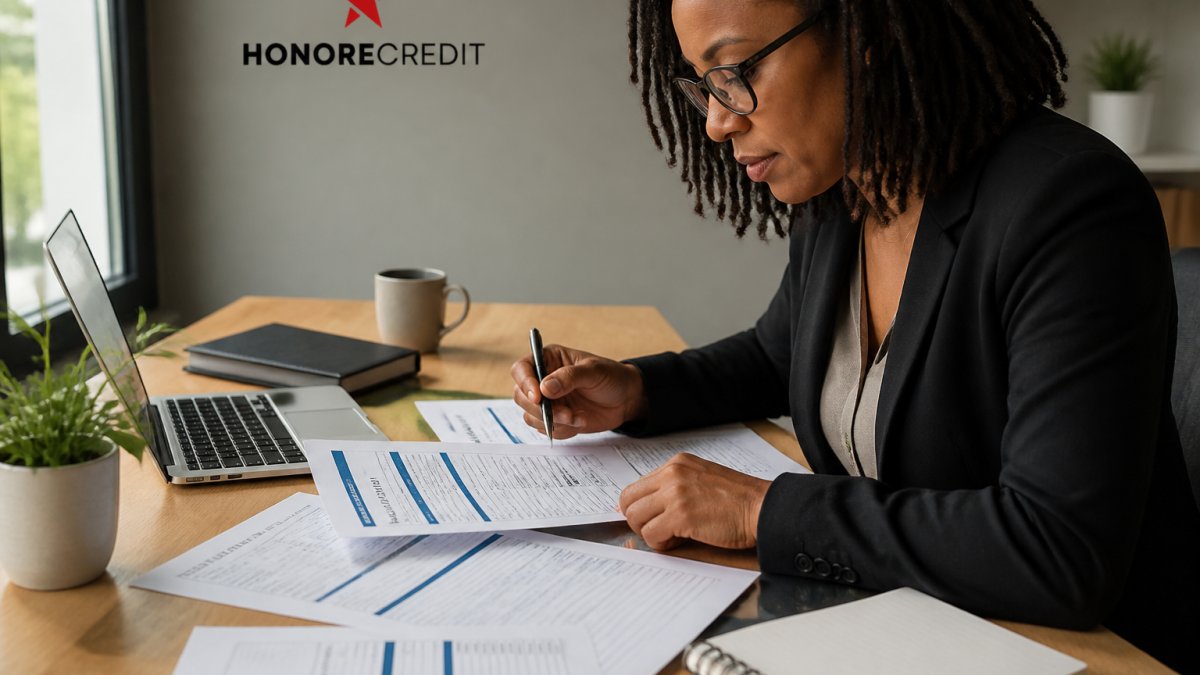 Professional reviewing credit report documents on a desk with laptop, notepad, and pen in natural office lighting
