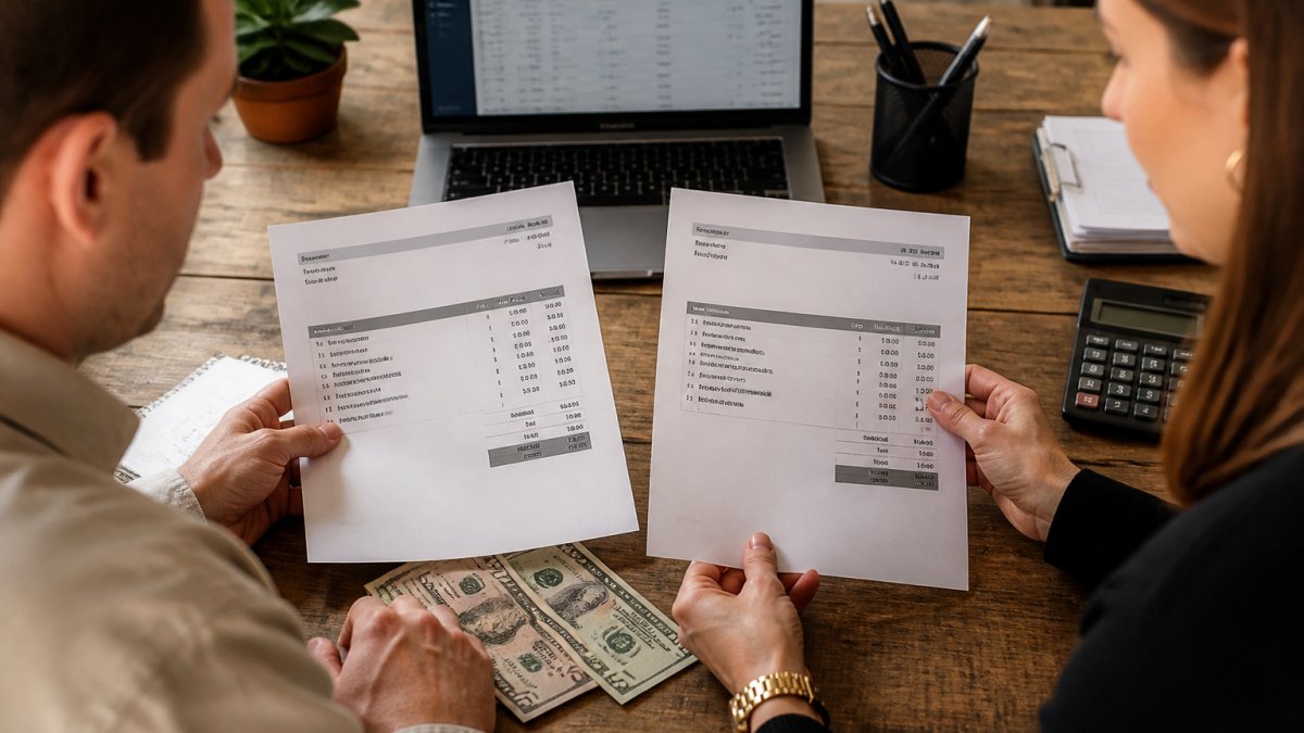 A business owner and a bookkeeper reviewing two printed invoices side by side at a wooden desk, with a laptop showing financial software in the background