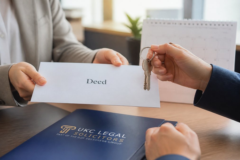Close-up of hands holding a property deed and keys on a desk with a calendar visible, representing the completion milestone in a conveyancing transaction