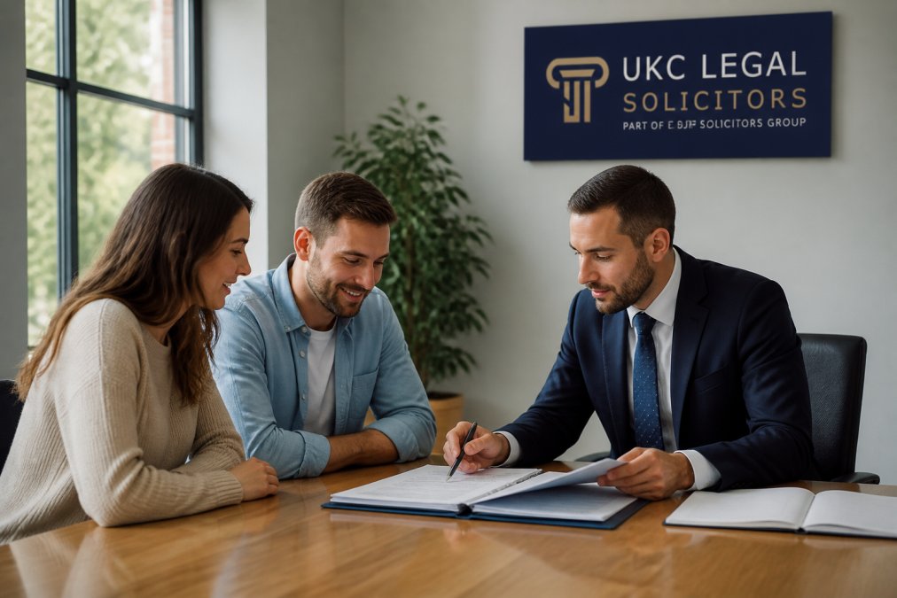 Professional solicitor meeting with a couple at a desk, reviewing property documents and discussing conveyancing options in a modern office setting with natural lighting