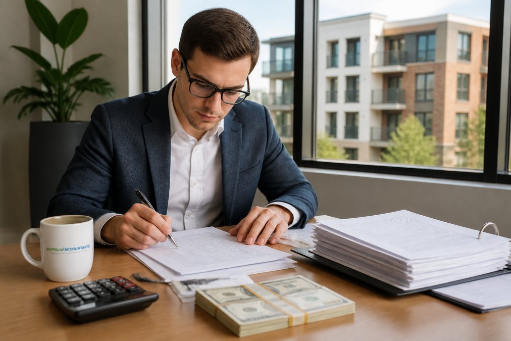 Accountant reviewing financial documents near a window overlooking a multifamily apartment building complex