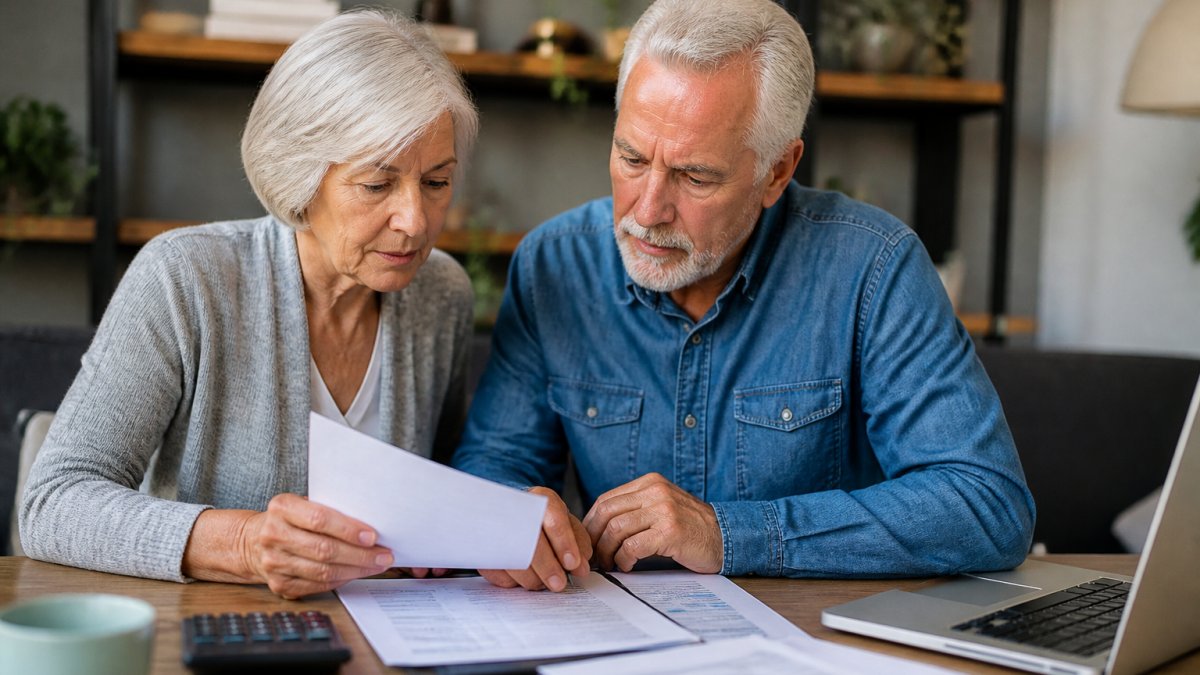 Mature couple reviewing retirement documents and financial statements at a desk with a laptop and calculator, natural office lighting