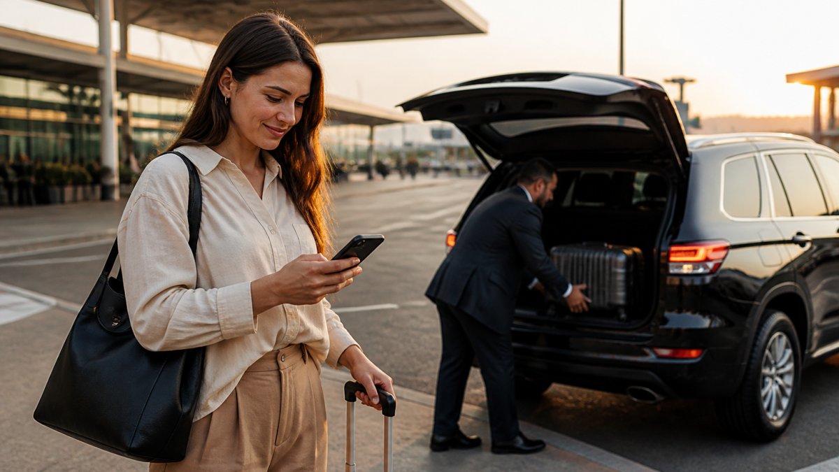A traveller standing outside an airport terminal at dusk, looking at a smartphone while a chauffeur in a suit loads a suitcase into a black SUV behind them