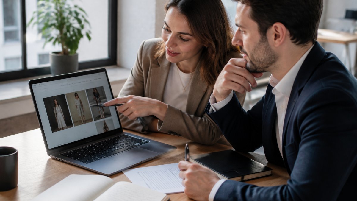 Business professionals reviewing metrics for a fixed price Shopify development contract on a laptop screen