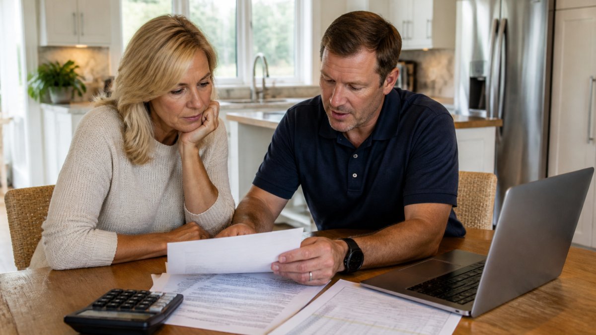 A homeowner and a contractor reviewing a printed contract and budget spreadsheet at a kitchen table, laptop showing a project timeline, calculator nearby, bright home office lighting
