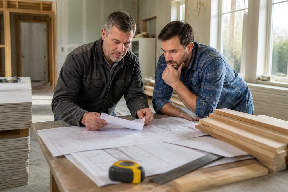 Professional contractor and homeowner reviewing construction plans and contract documents at a job site table, with building materials and blueprints visible, natural daylight from nearby windows