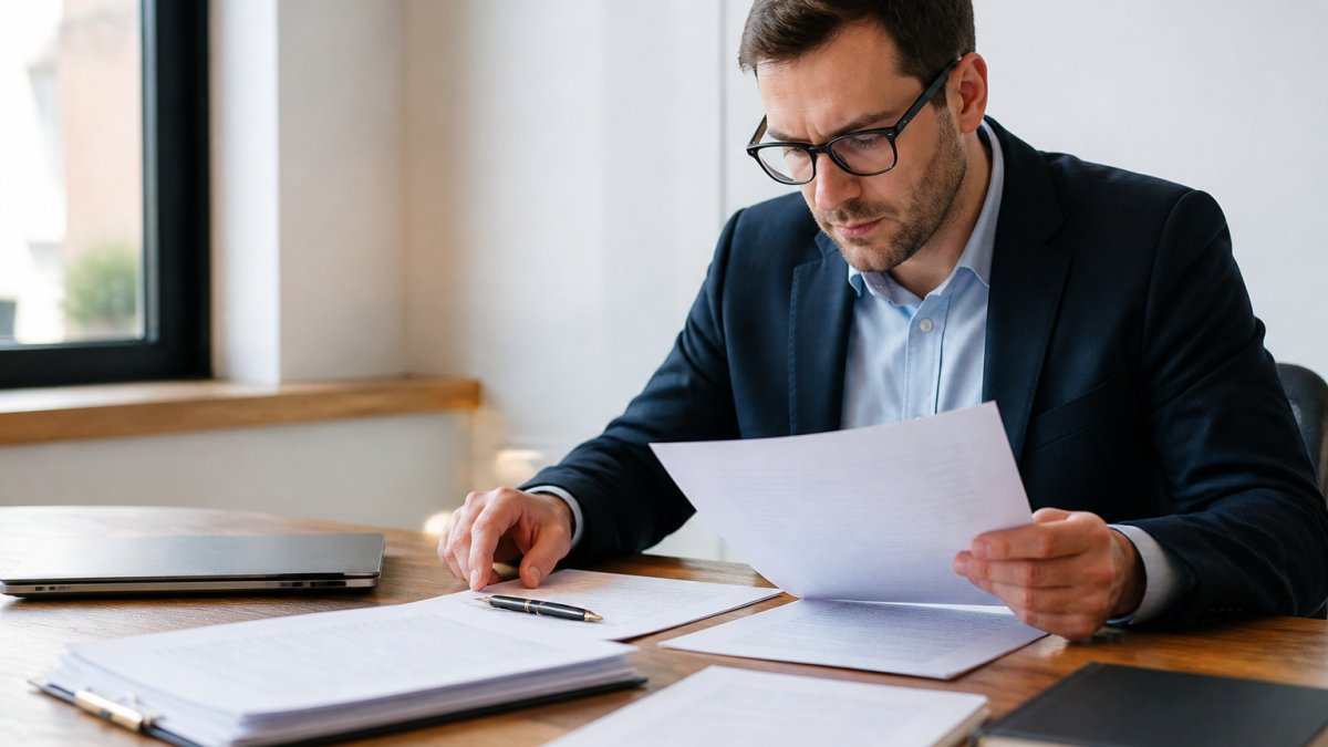 Business professional reviewing a contract to compare fixed price vs time and materials on a desk with a laptop