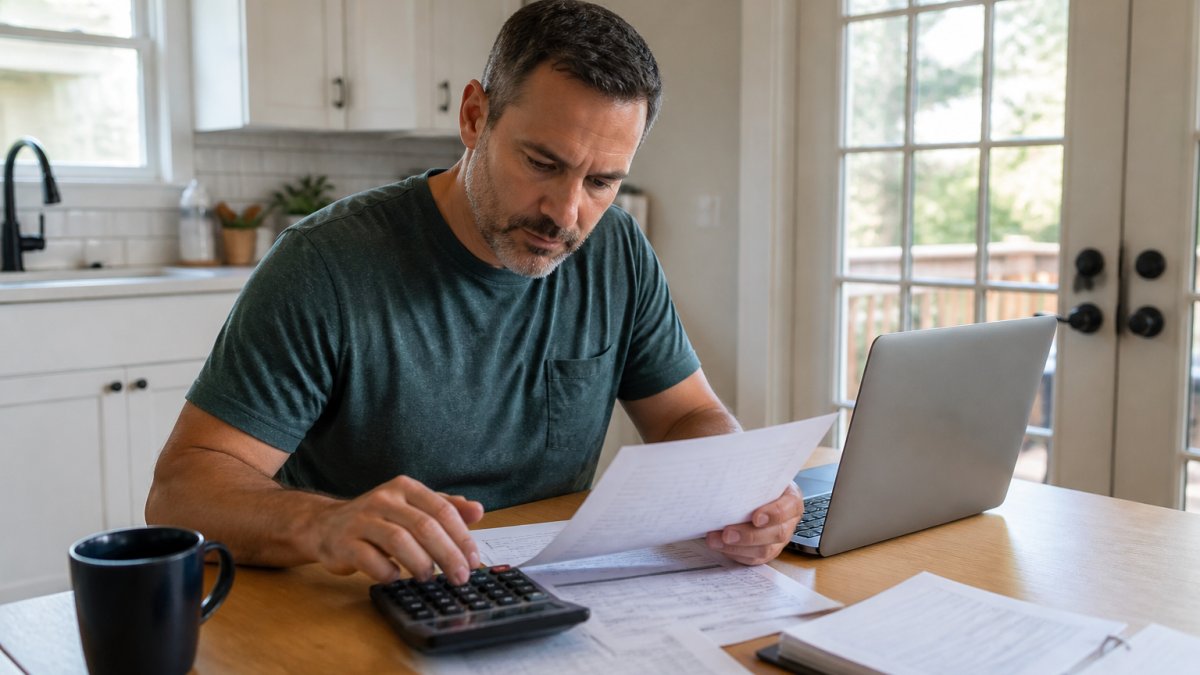 Homeowner sitting at kitchen table reviewing mortgage documents, calculator, and laptop displaying payment comparison spreadsheets and rate adjustment scenarios in natural daylight