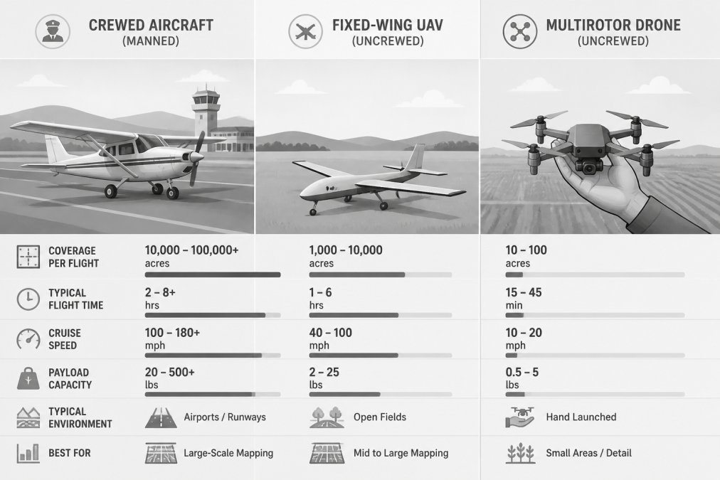 Side-by-side comparison showing crewed aircraft on runway, fixed-wing UAV on open field, and multirotor drone in hand, representing the three platform categories and their typical deployment environments