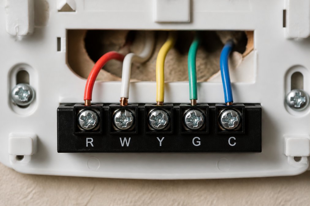 Close-up of thermostat terminal block showing five colored wires (red, white, yellow, green, and blue) inserted into labeled terminal screws marked R, W, Y, G, and C, with clear labels visible on each terminal