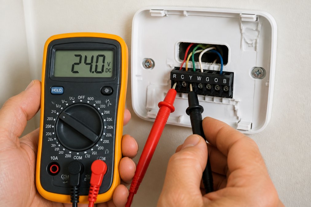Technician's hands holding a digital multimeter with red and black probes touching the R and C terminals of a thermostat terminal block, with the meter display showing 24V reading, set against a white thermostat base