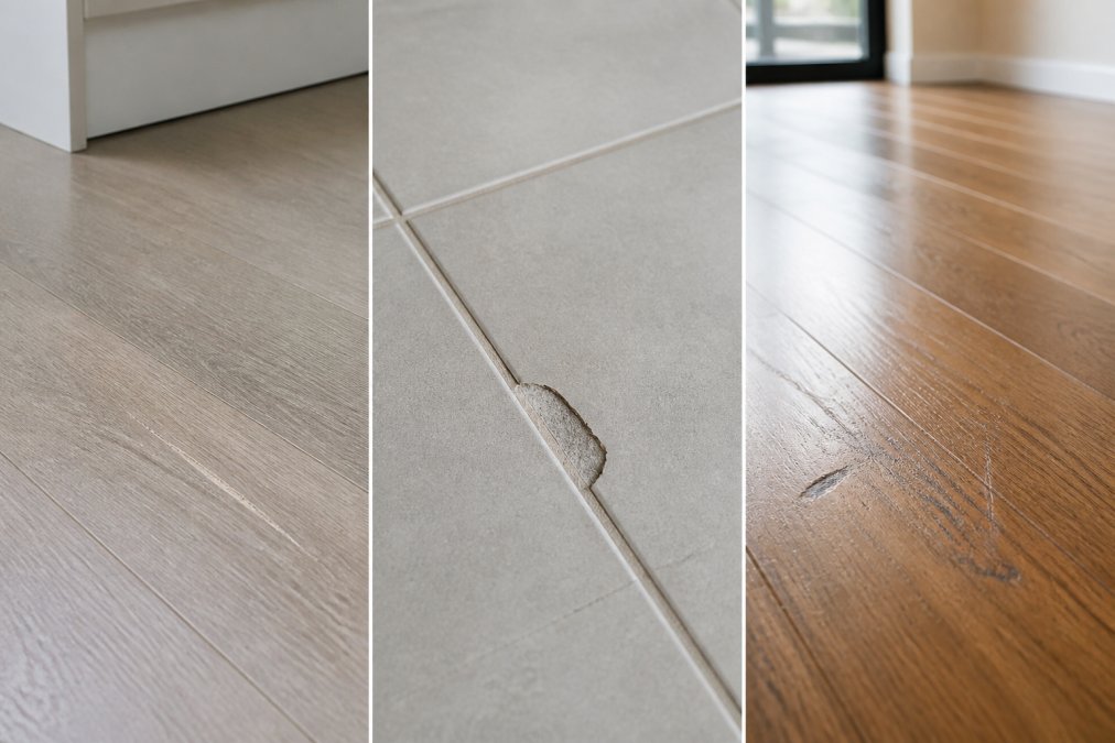 Close-up of various flooring damage types visible on residential surfaces: scratches on laminate, chips in ceramic tile, and scuff marks on wood flooring in a bright new build property