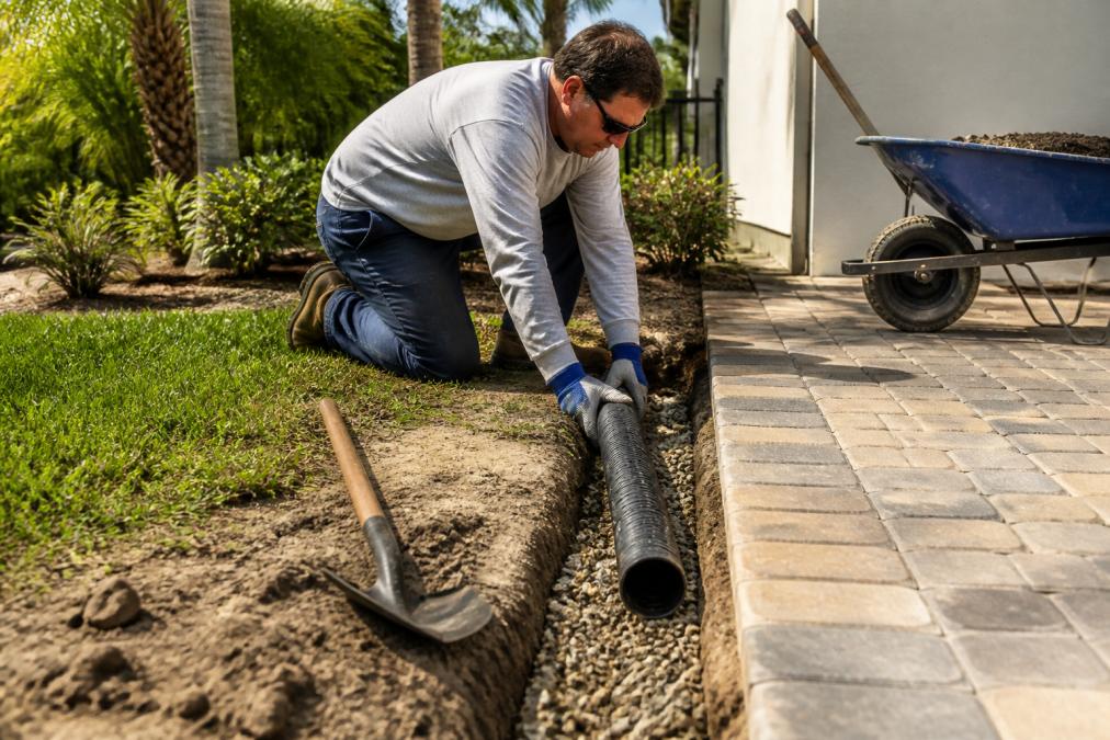 Contractor installing a perforated pipe in a gravel trench for fixing drainage issues under patios